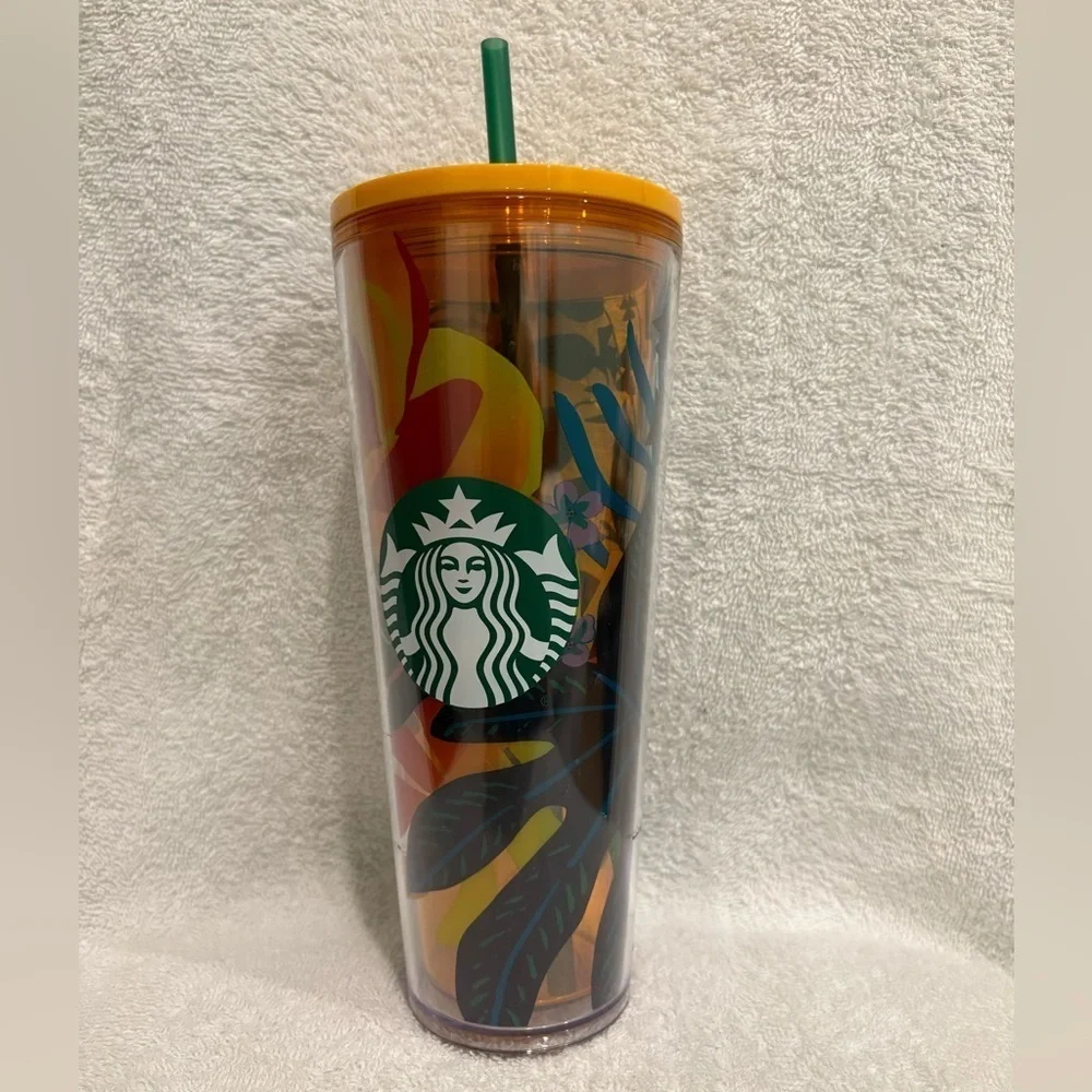Starbucks tropical, orange design, Colorful Tumbler with Straw 24 ounce